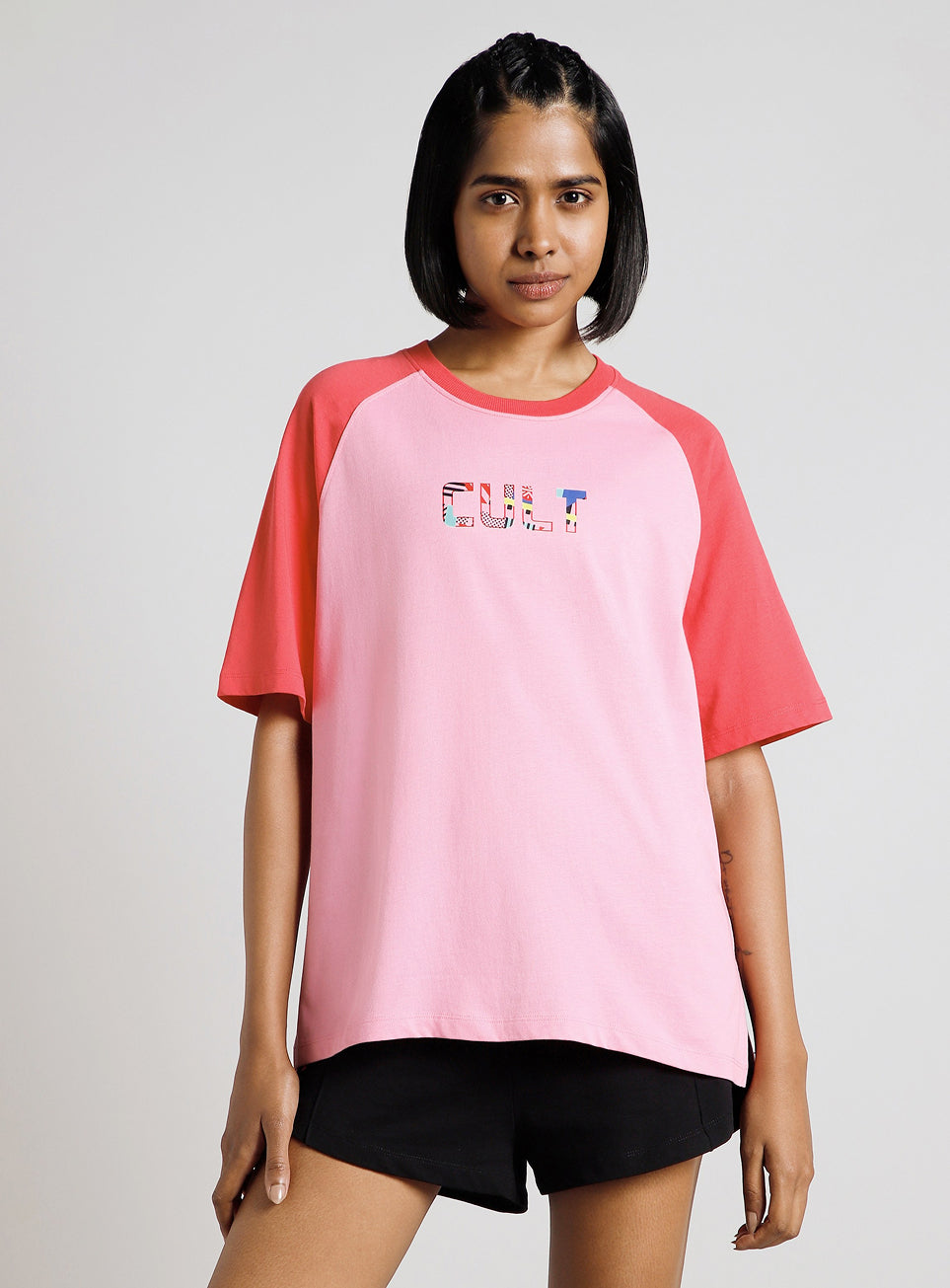 Women's Pink Retro Block Graphic Oversized T-shirt