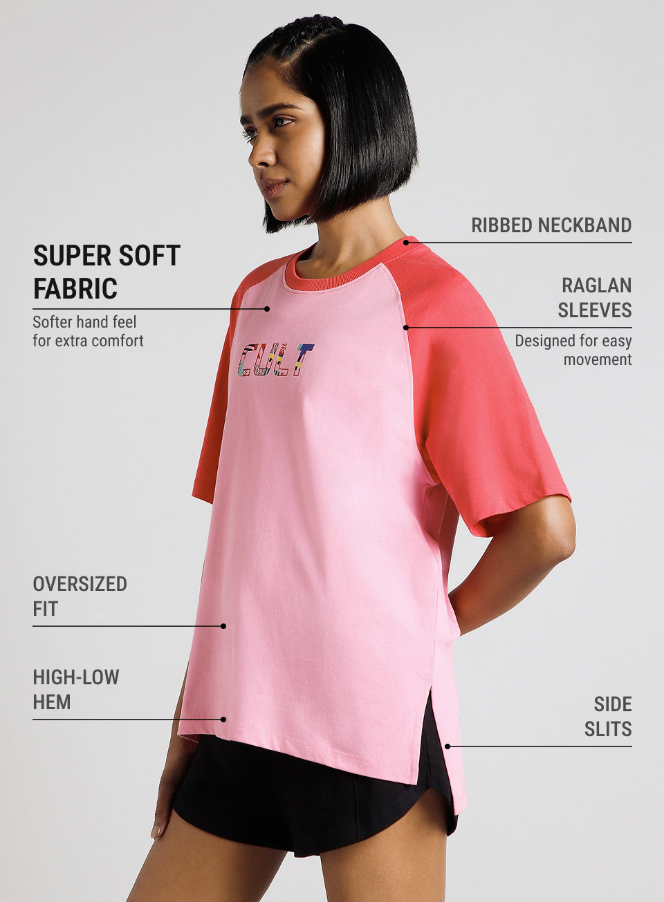 Women's Pink Retro Block Graphic Oversized T-shirt