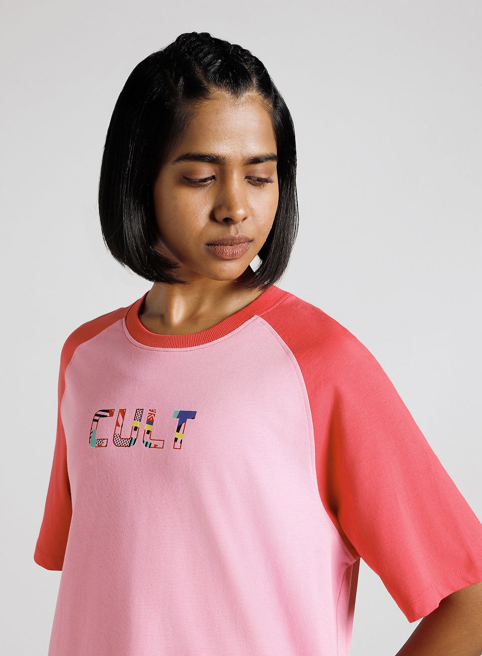 Women's Pink Retro Block Graphic Oversized T-shirt