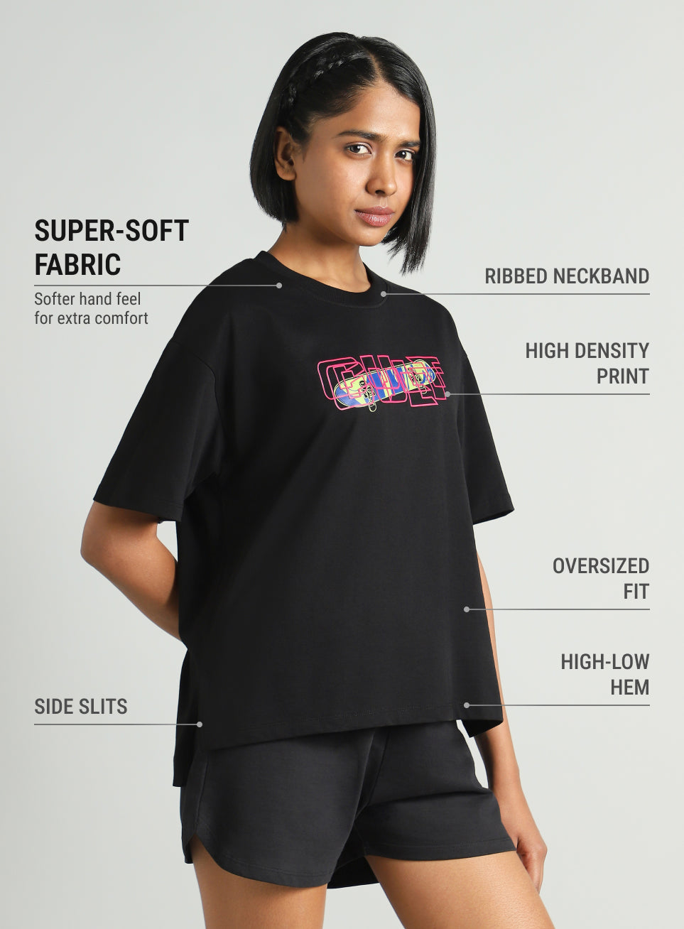 Women's Black Skate Graphic Oversized Fit T-shirt