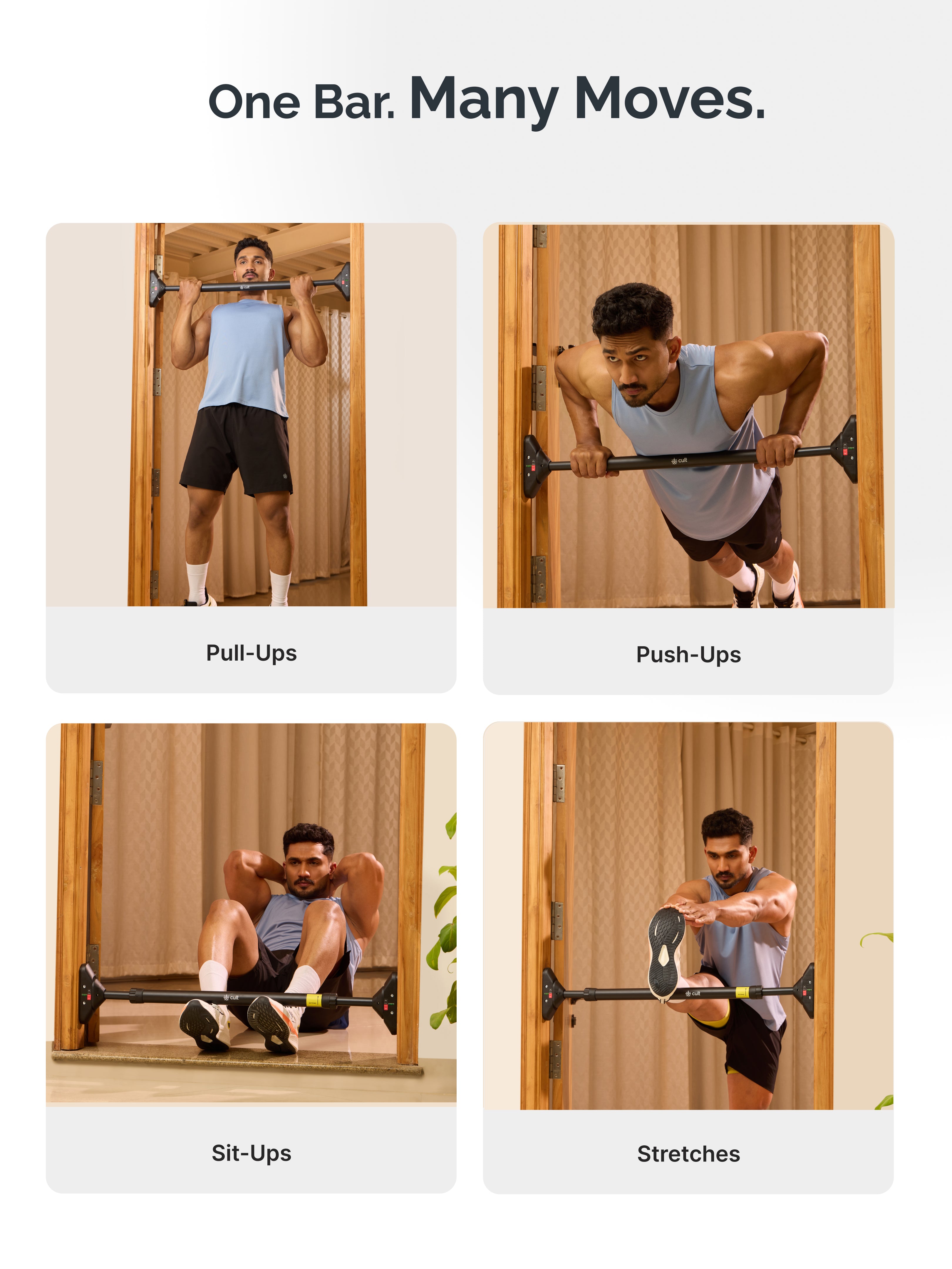 Cult Adjustable Pull-Up Bar for Doorway | Heavy-Duty Steel | Multi-Grip Home Gym Bar for Pull Ups, Chin Ups & Core Workout | Size - 72-110cm