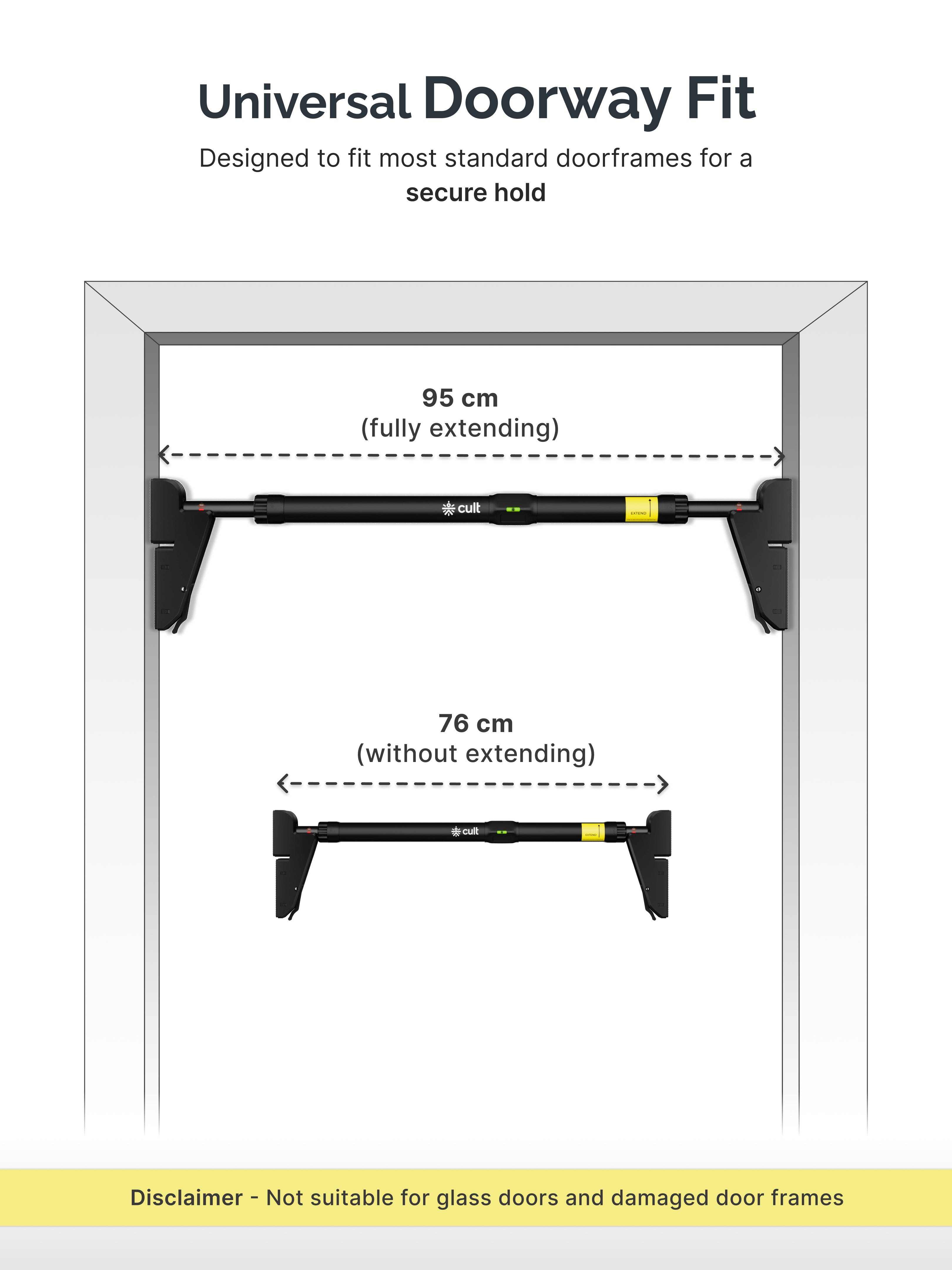 Cult Adjustable Pull-Up Bar for Doorway | Heavy-Duty Steel | Multi-Grip Home Gym Bar for Pull Ups, Chin Ups & Core Workout | Size - 76-110cm