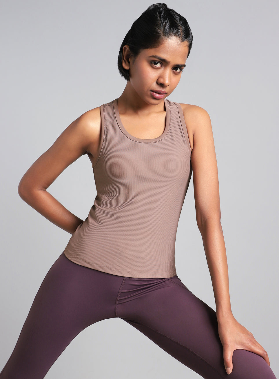 Women's Brown Run Built-In Tank Sports Bra