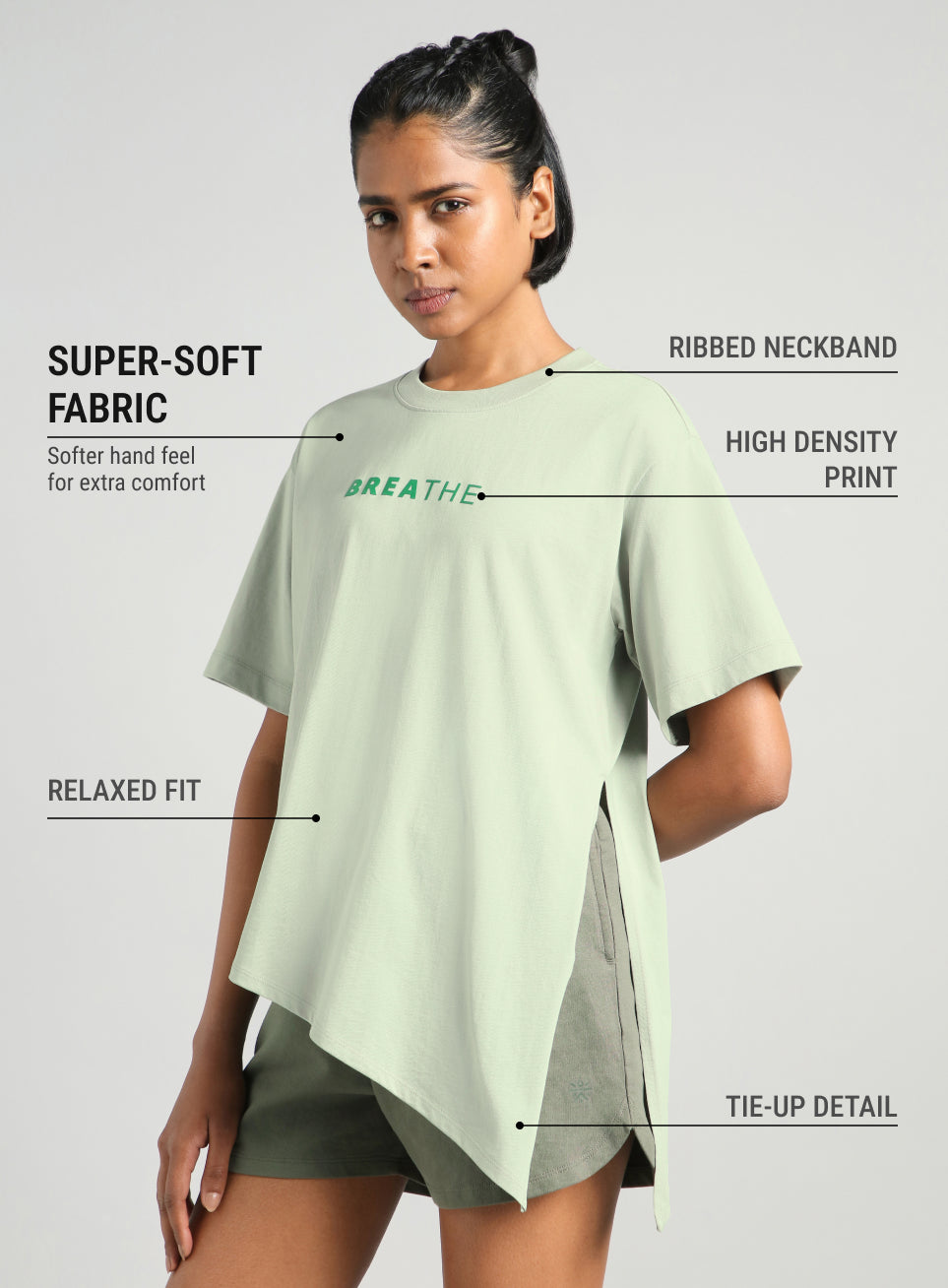 Women's Green Flow Side Tie Up Relaxed fit T-shirt