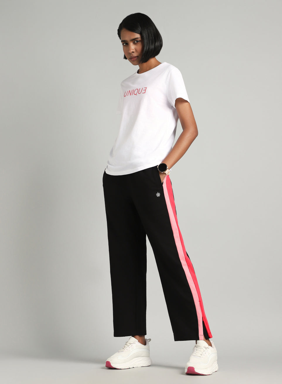 Women's Black Zip Bottom Flare Straight Fit Trackpants