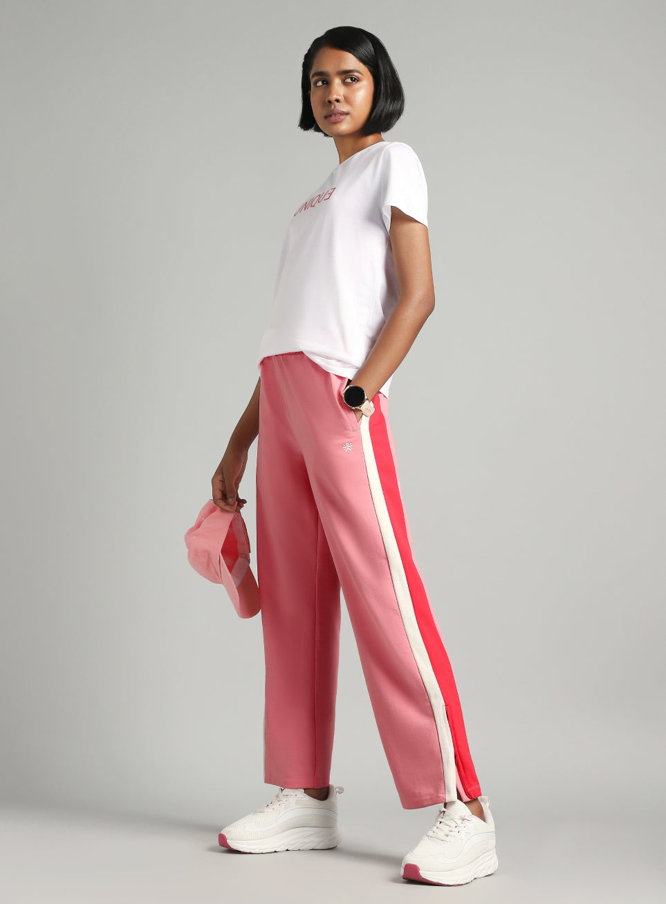 Women's Pink Zip Bottom Flare Straight Fit Trackpants