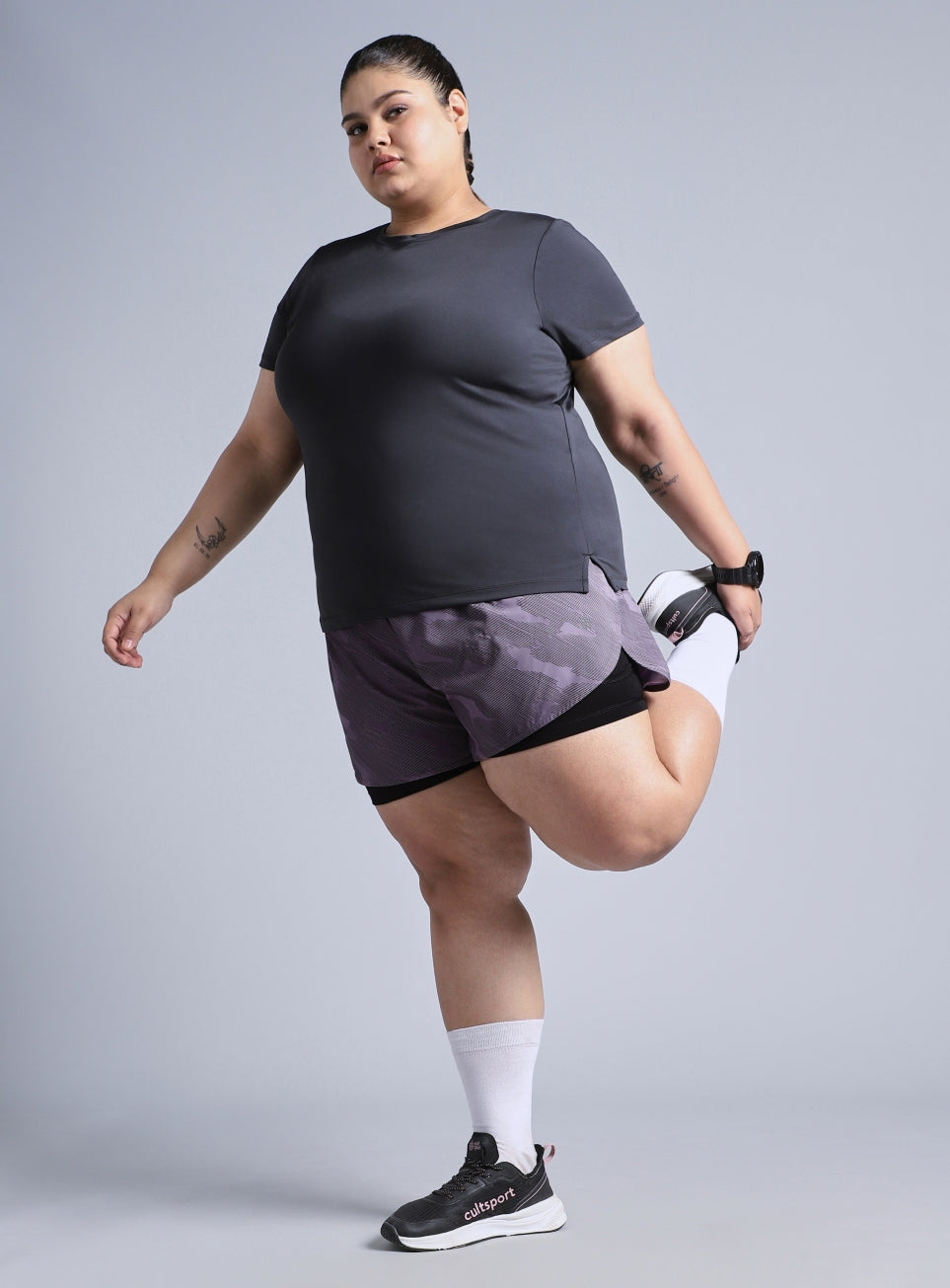 Women's Grey Urban Camo Shorts with Inner Tight Plus Size Shorts
