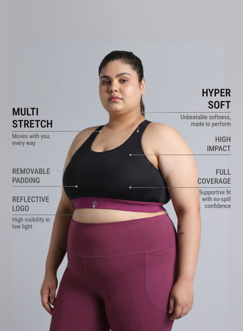 Women's Black Run Forward High Support Plus Size Bra