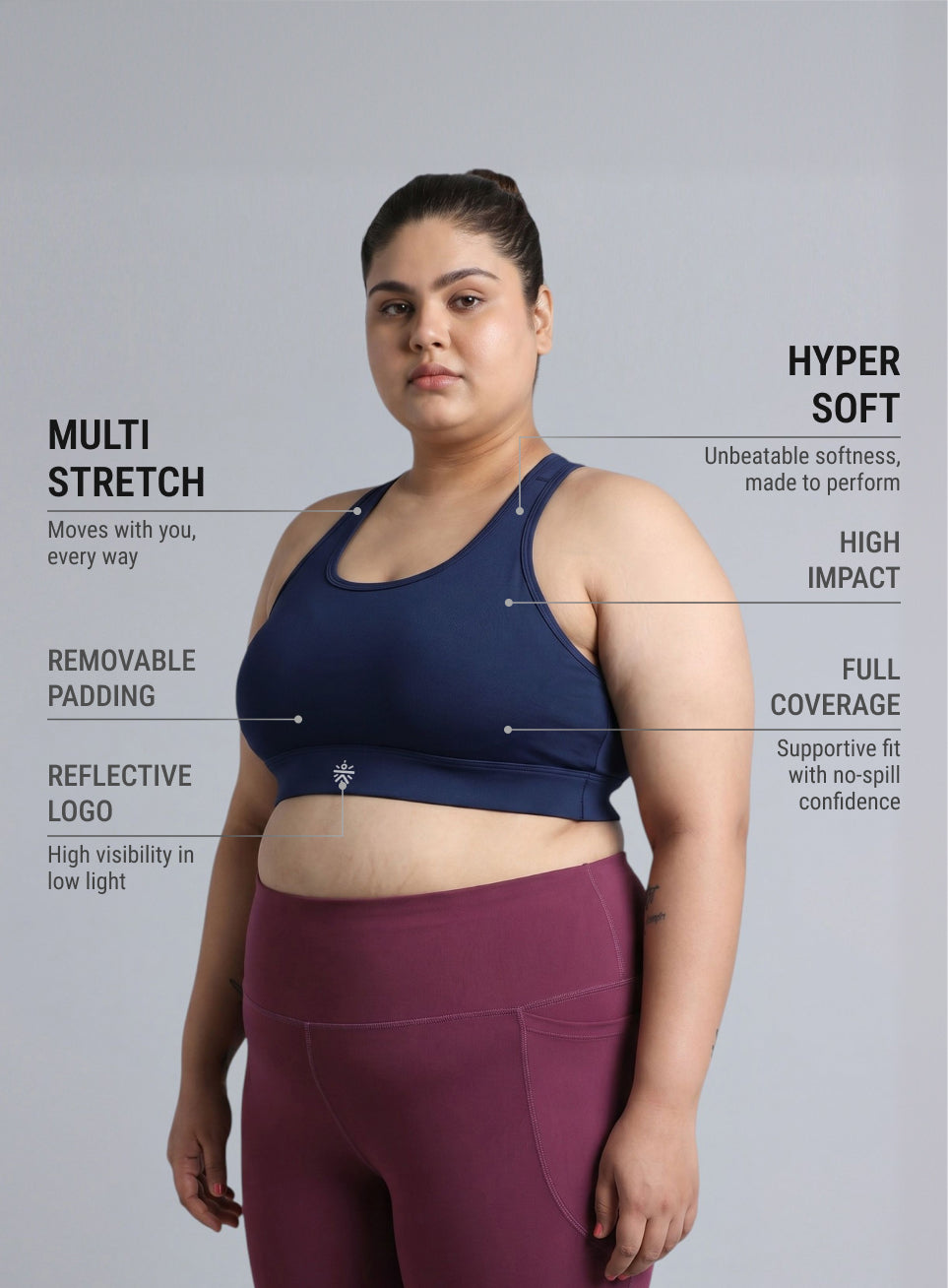 Women's Blue Racer Back Hook Running High Support Plus Size Sports Bra