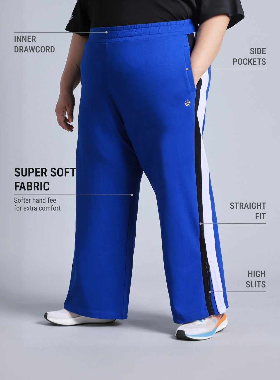 Women's Blue High Slit Straight Fit Plus Size Trackpants
