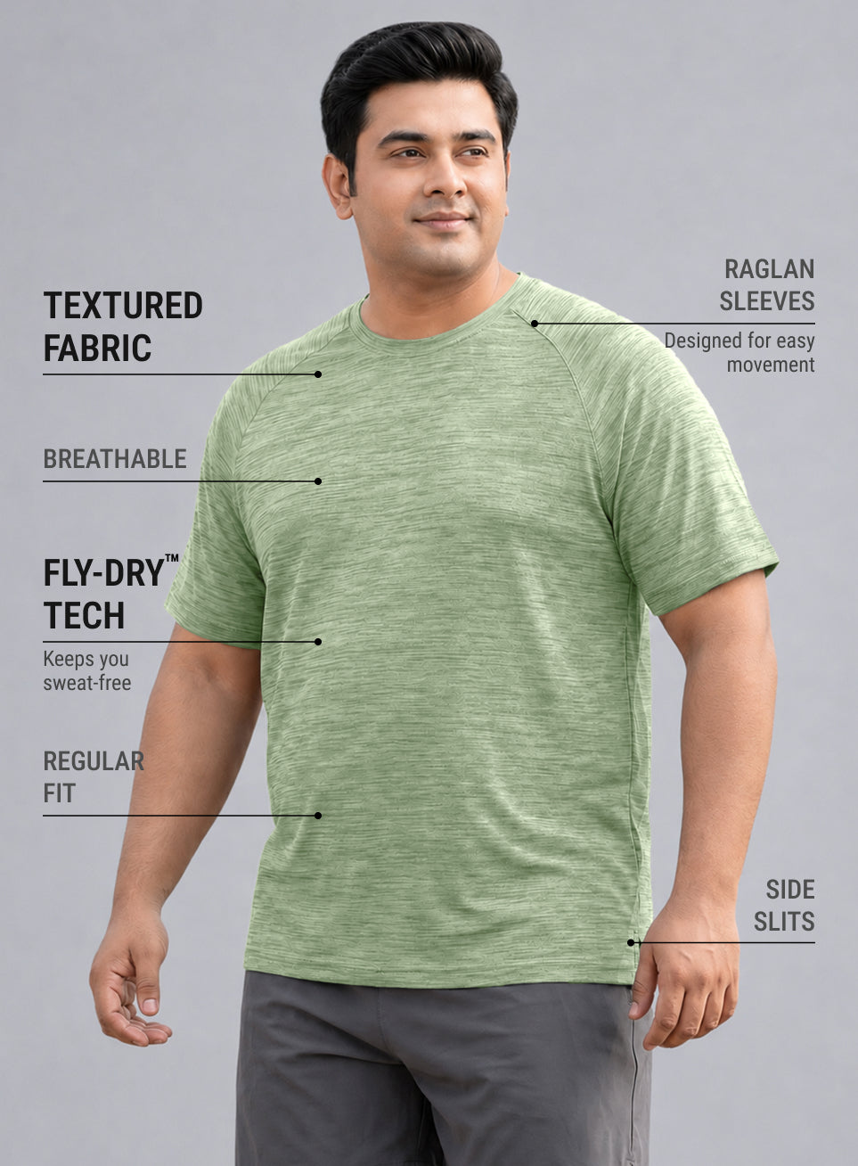 Men's Green Textured Performance Plus Size T-shirt
