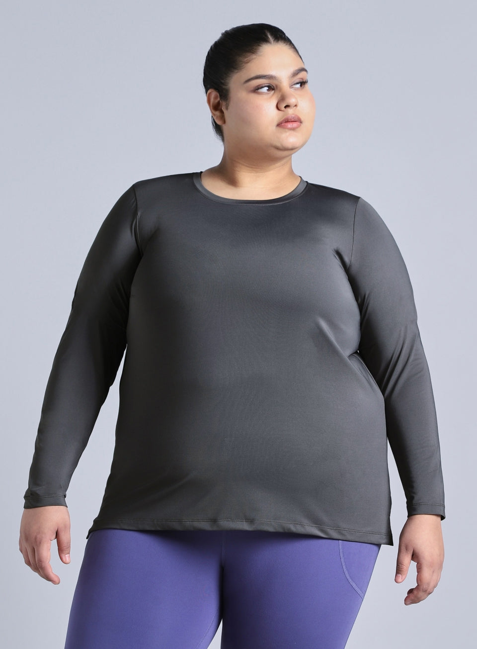 Women's Grey Full Sleeve Plus Size Training T-shirt