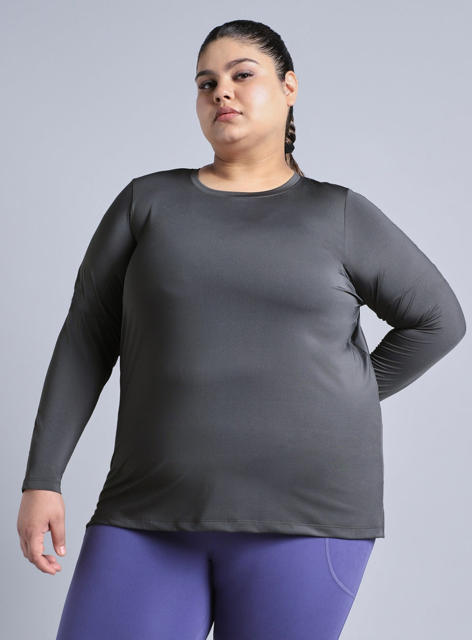 Women's Grey Full Sleeve Plus Size Training T-shirt
