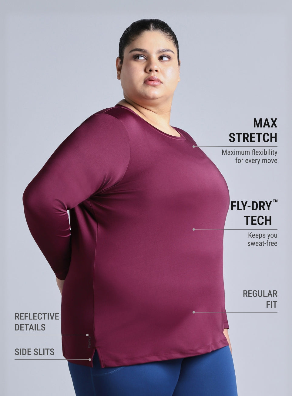 Women's Wine Full Sleeve Plus Size Training T-shirt