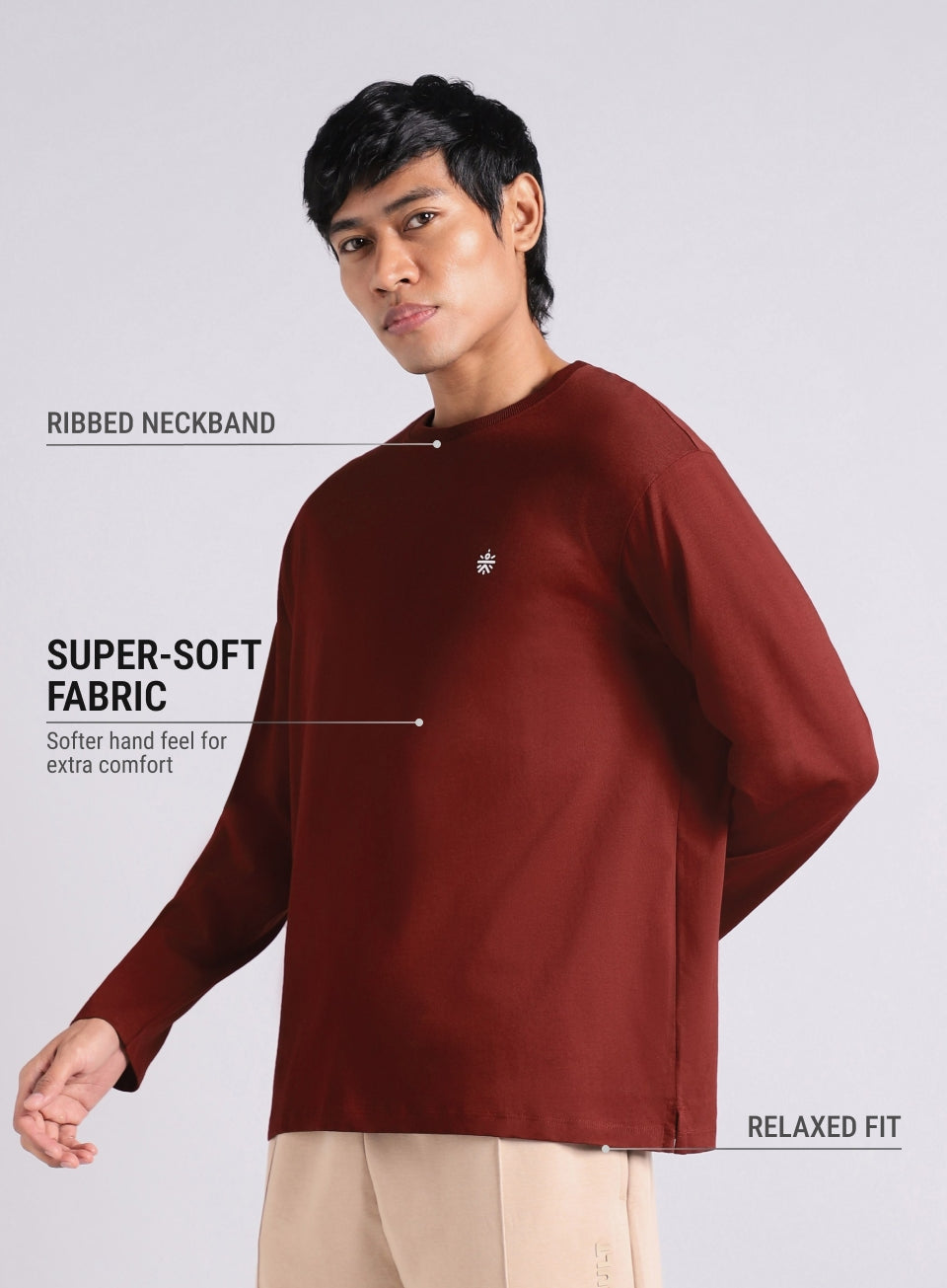 Men's Maroon V-man Relaxed Fit Full Sleeve T-shirt