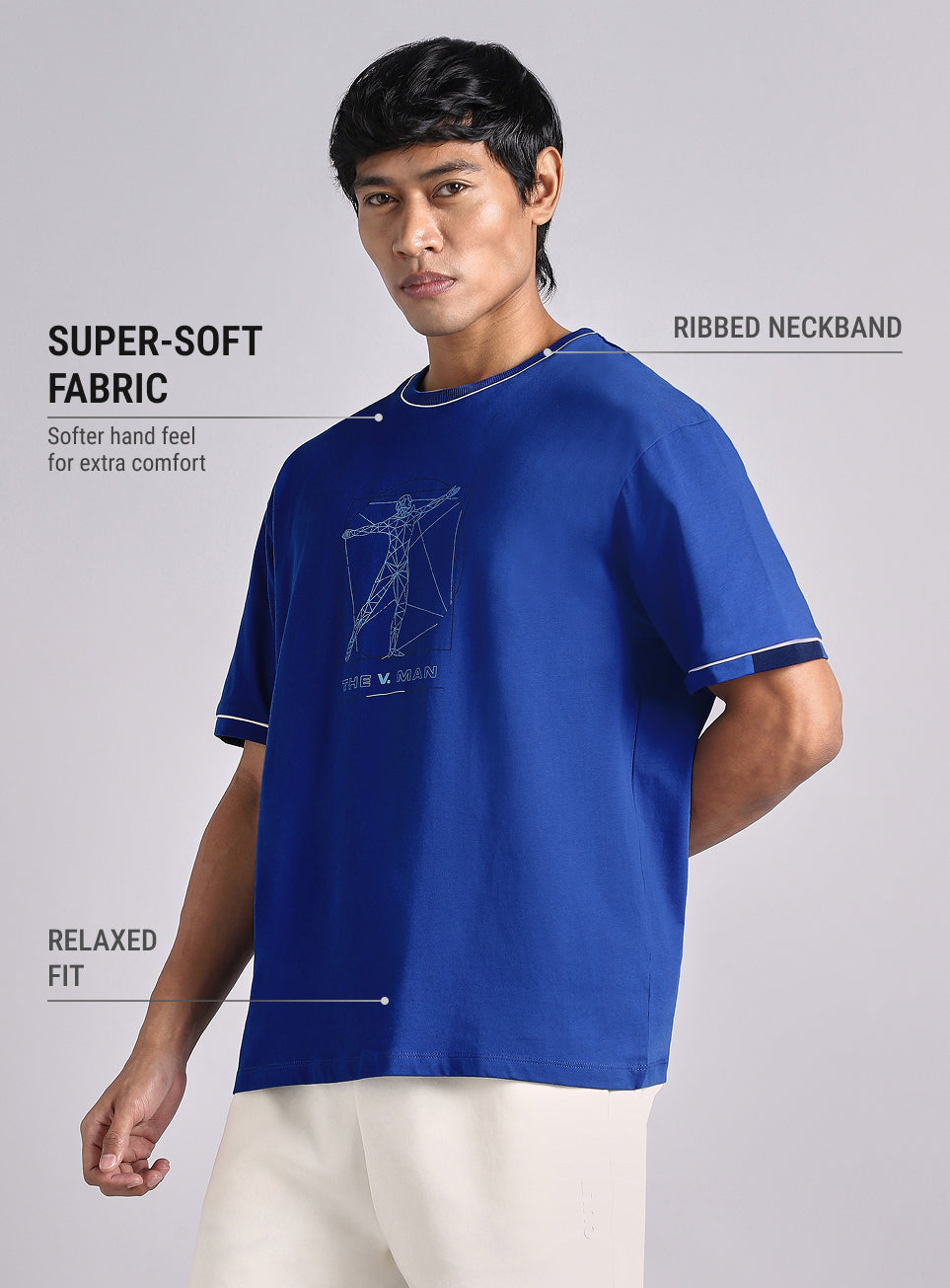 Men's Blue V-Man Relaxed Fit Graphic T-Shirt