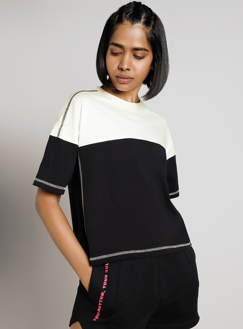 Women's Black Colourblocked Boxy Fit T-shirt