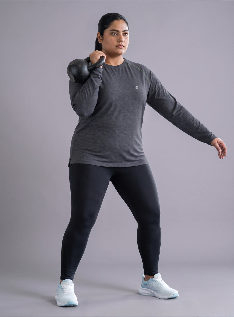 Women's Dark Grey Training Fullsleeve Plus Size Comfortech T-shirt