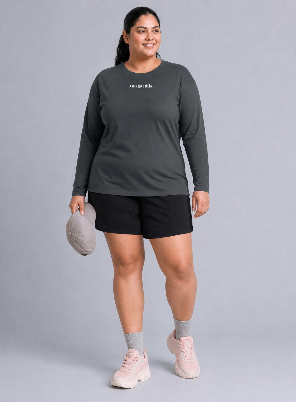 Women's Grey Fullsleeve Printed Plus Size T-shirt