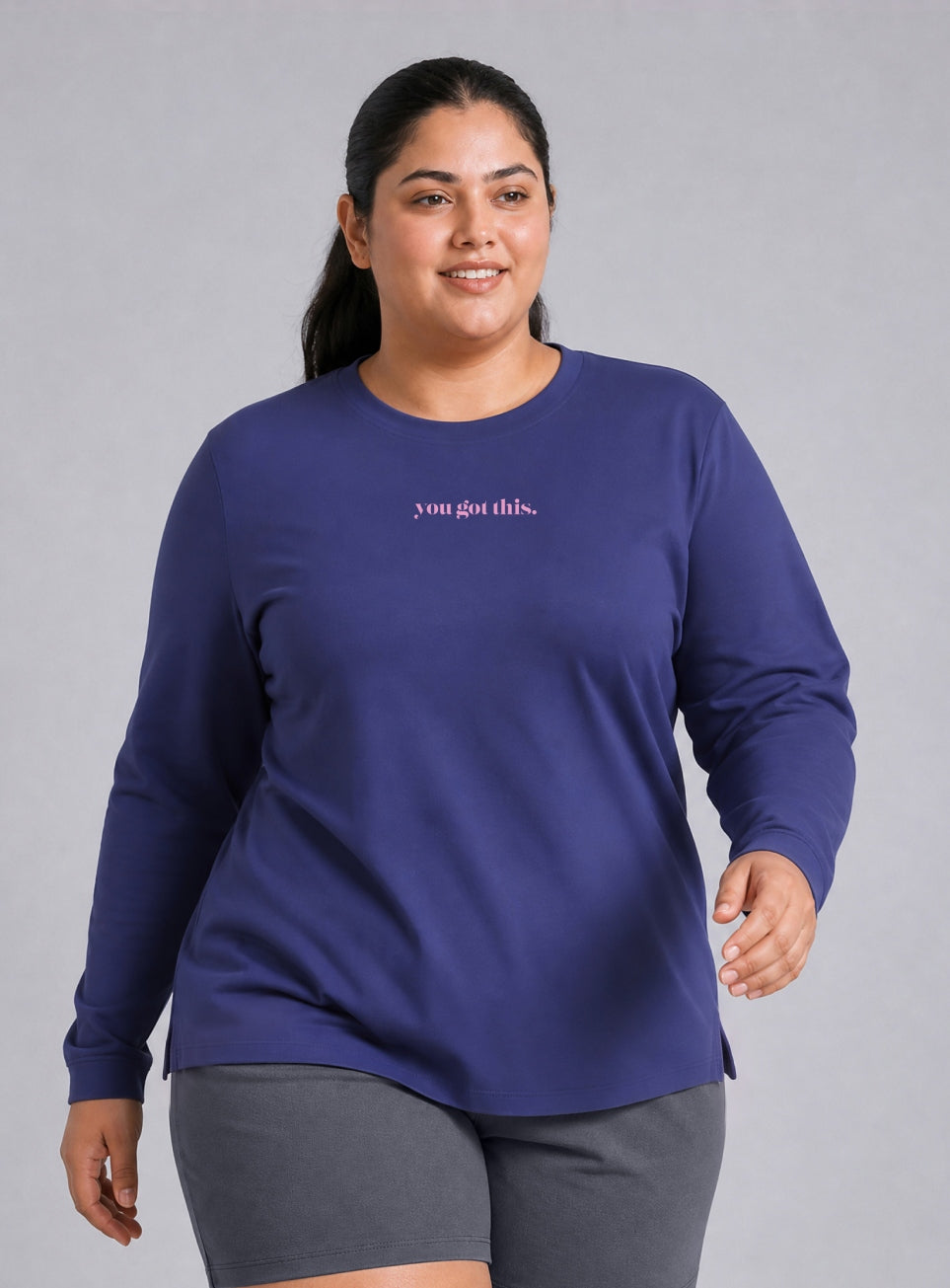 Women's Blue Fullsleeve Printed Plus Size T-shirt