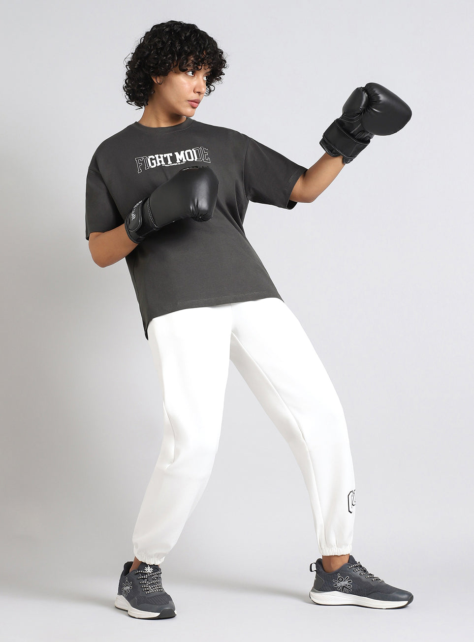 Women's Grey Fight Mode Combat Training Oversized T-shirt