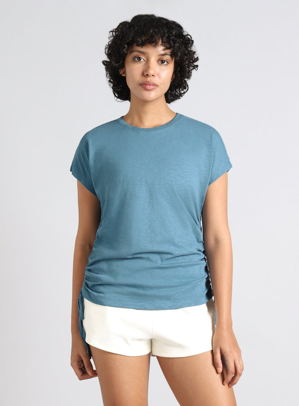 Women's Blue Side Ruching Flow T-shirt