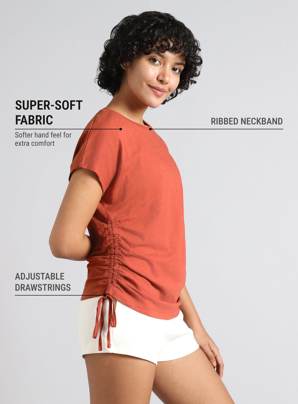 Women's Orange Side Ruching Flow T-shirt