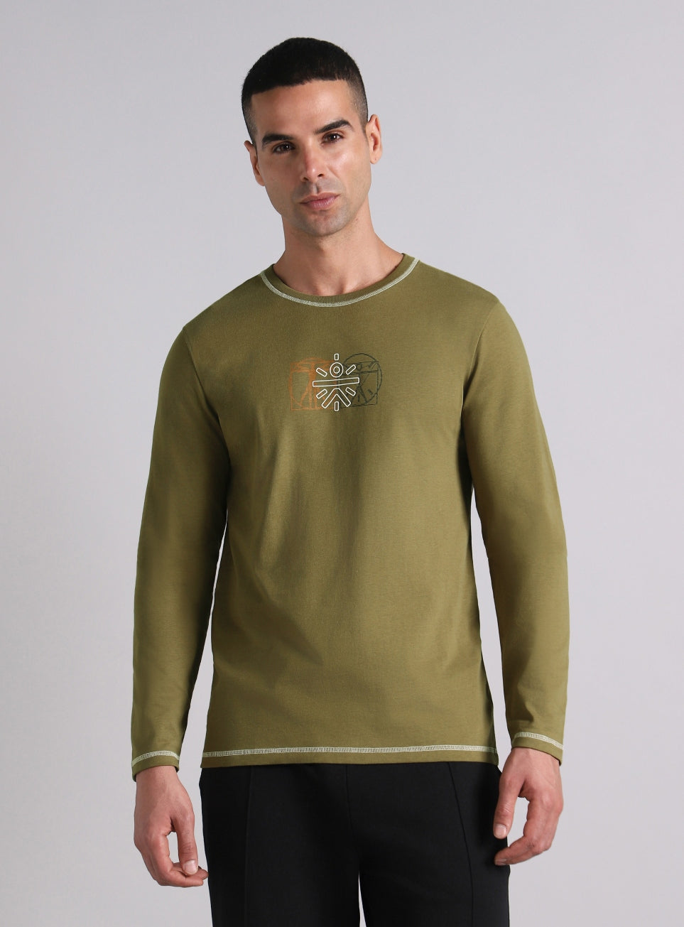 Men's Olive V-Man Cult Graphic Full Sleeve T-shirt