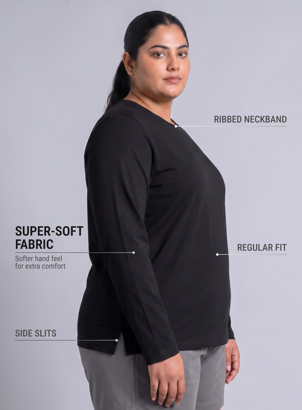 Women's Black Full sleeve Plus Size T-shirt