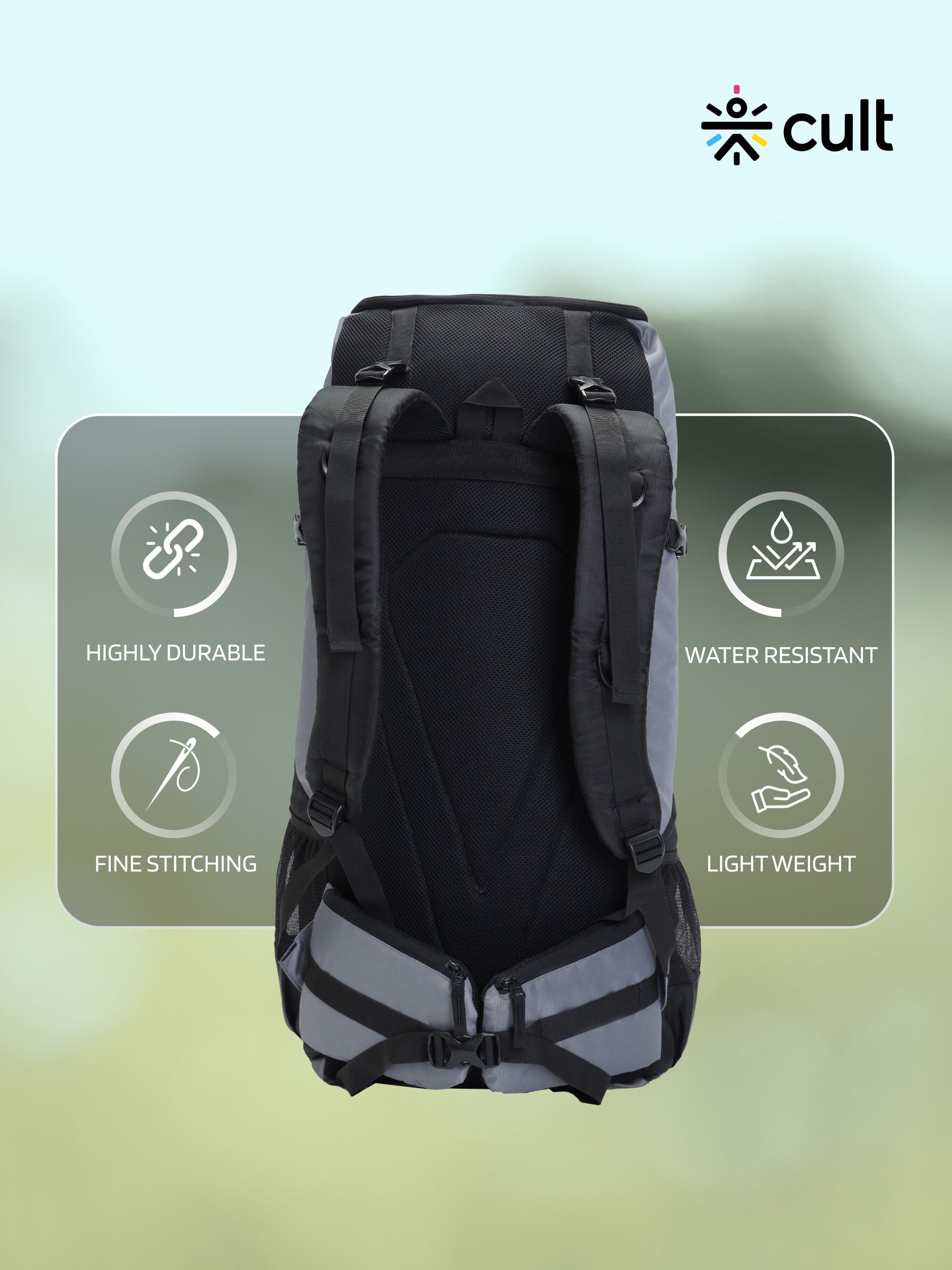 cult 65 Litre Travel Backpack Hiking Trekking Bag Camping Rucksack with Water Proof Rain Cover, Shoe Compartment Grey 