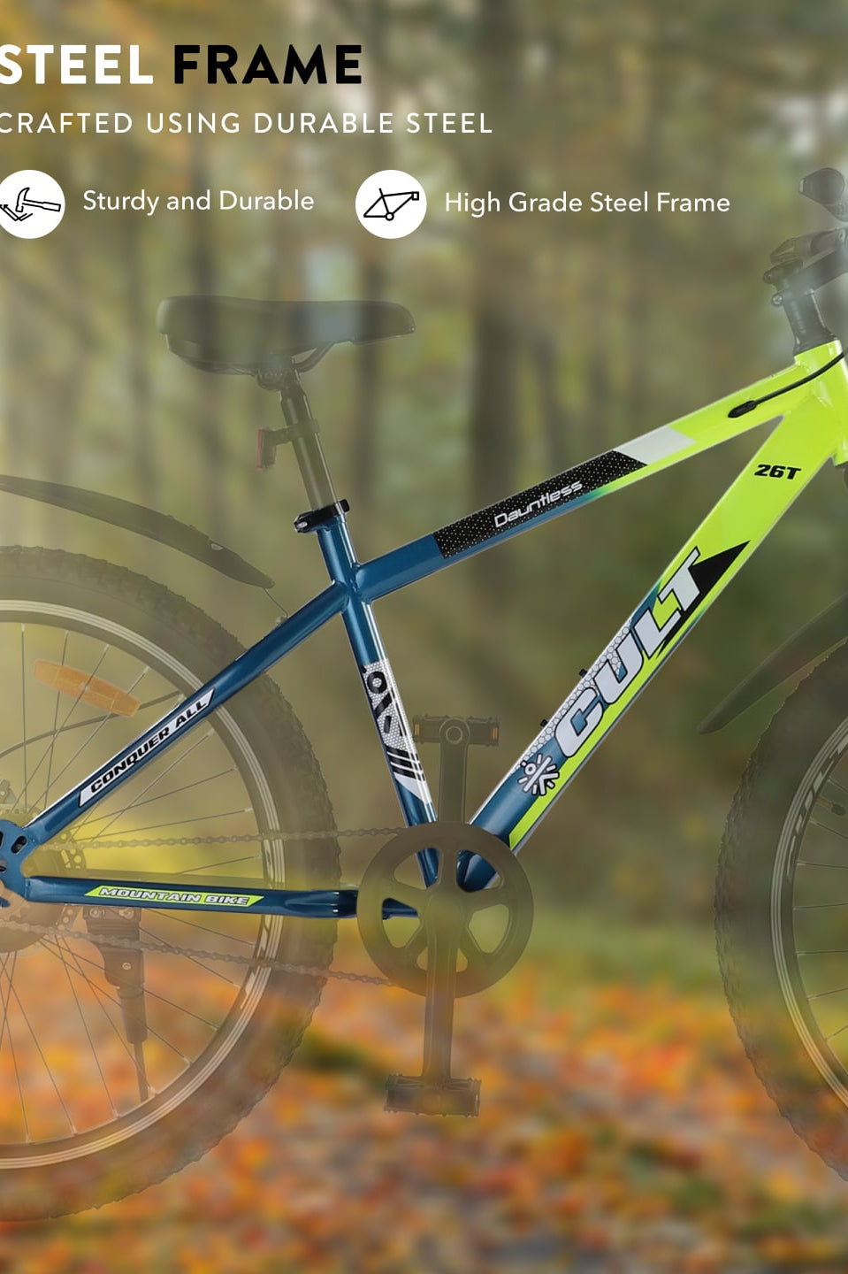 DAUNTLESS26TGREENBLUE Steel Single Speed 26 inch Mountain Cycle, Dual Disc Brake, Front Suspension, Double Wall Rim