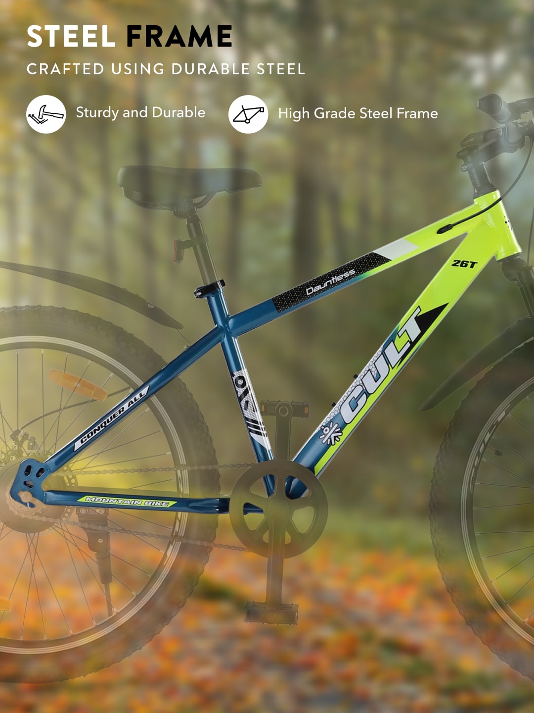 DAUNTLESS26TGREENBLUE Steel Single Speed 26 inch Mountain Cycle, Dual Disc Brake, Front Suspension, Double Wall Rim