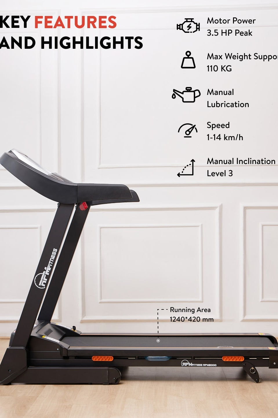 RPM2000 3.5HP DC Treadmill | 3-level Manual-Incline | Max Weight-110kg | Max Speed-14kmph (with 6 months extended warranty)