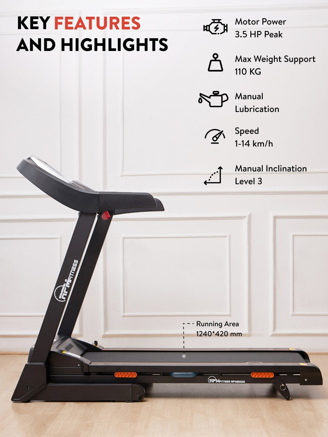RPM2000 3.5HP DC Treadmill | 3-level Manual-Incline | Max Weight-110kg | Max Speed-14kmph (with 6 months extended warranty)