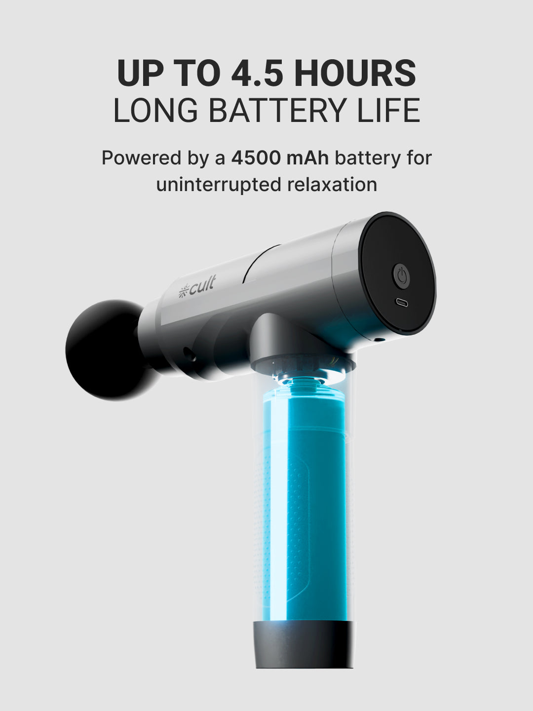 Cult Impact Pro, Full Body Professional Gun Massager, 4500 mAh battery, Deep Tissue Percussions, 4 Interchangeable heads, 6 Speed levels, Silicone head.