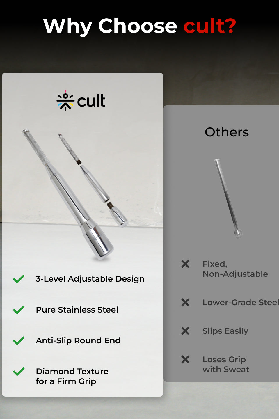 Cult 3-in-1 Adjustable Steel 7.5KG Mudgar for Full Body Training | Silver Indian Clubs (7.5 kg)