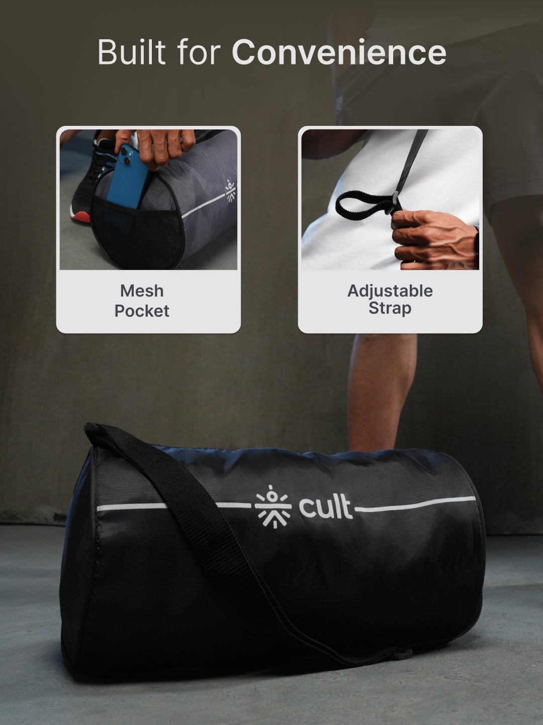 cult Combo Duffle Bag 12 L Black with Resistance band (2-7kg resistance) & Shaker Bottle 500 ml Yellow