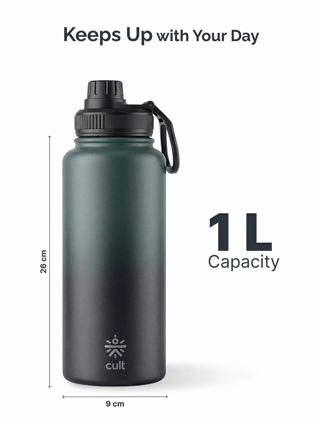 Cult 1L Insulated 24Hr Hot and Cold Water Bottle Leakproof Sports Cap Stainless Steel Green