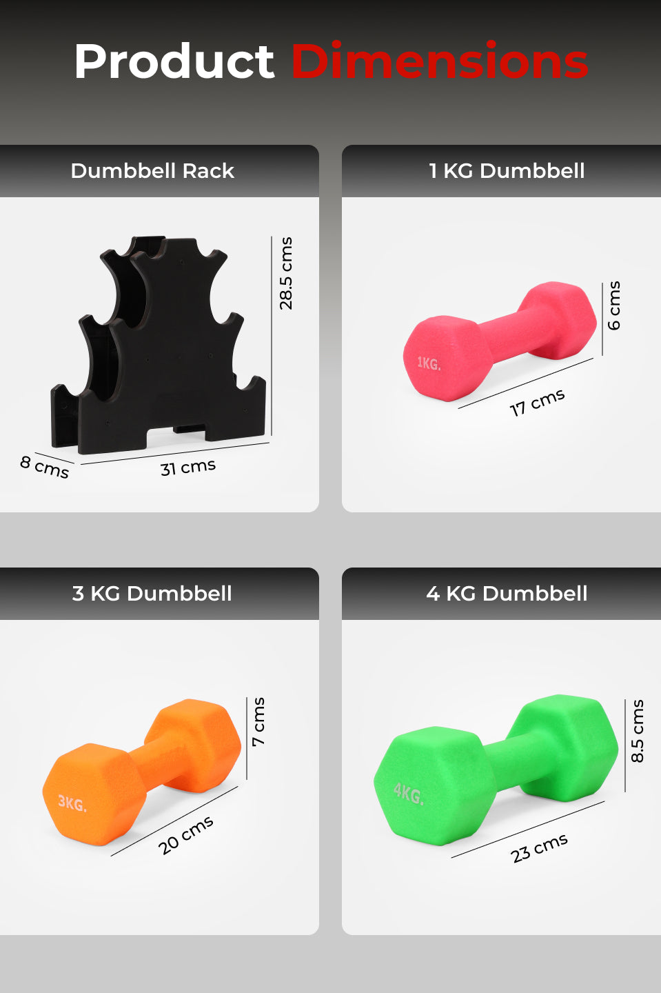 Cult Neoprene Dumbbells Combo for Home Gym Exercise (1kg + 3kg + 4kg Set) 16kg | Dumbbells with Rack