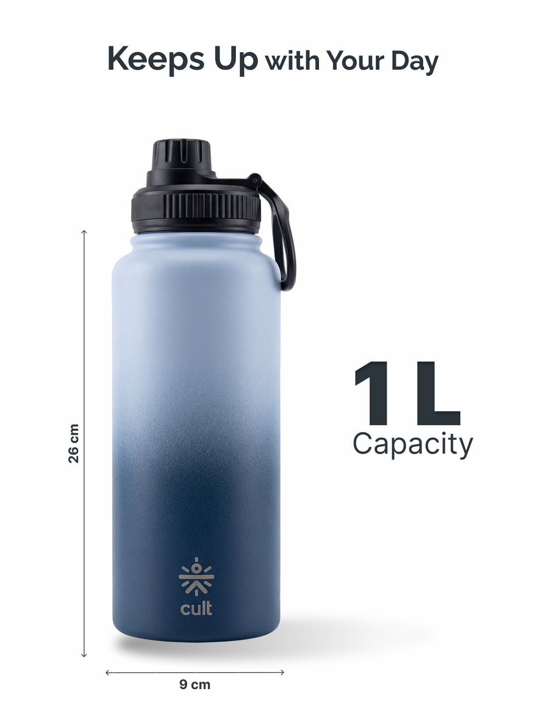 Cult 1L Insulated 24Hr Hot and Cold Water Bottle Leakproof Sports Cap Stainless Steel Blue