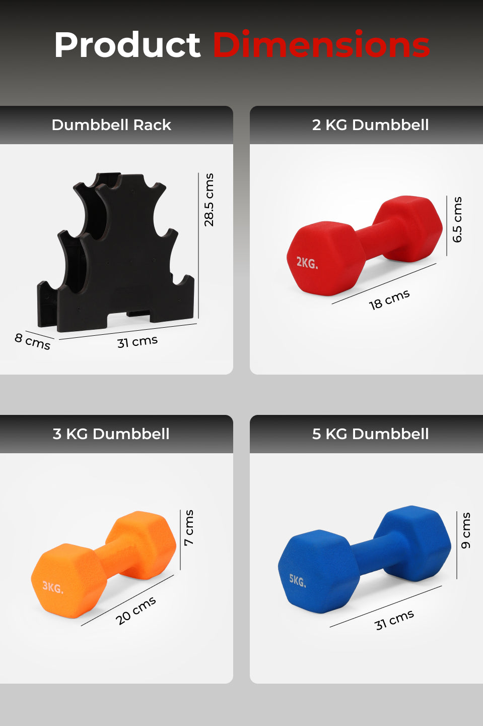 Cult Neoprene Dumbbells Combo for Home Gym Exercise (2kg + 3kg + 5kg Set) 20kg | Dumbbells with Rack