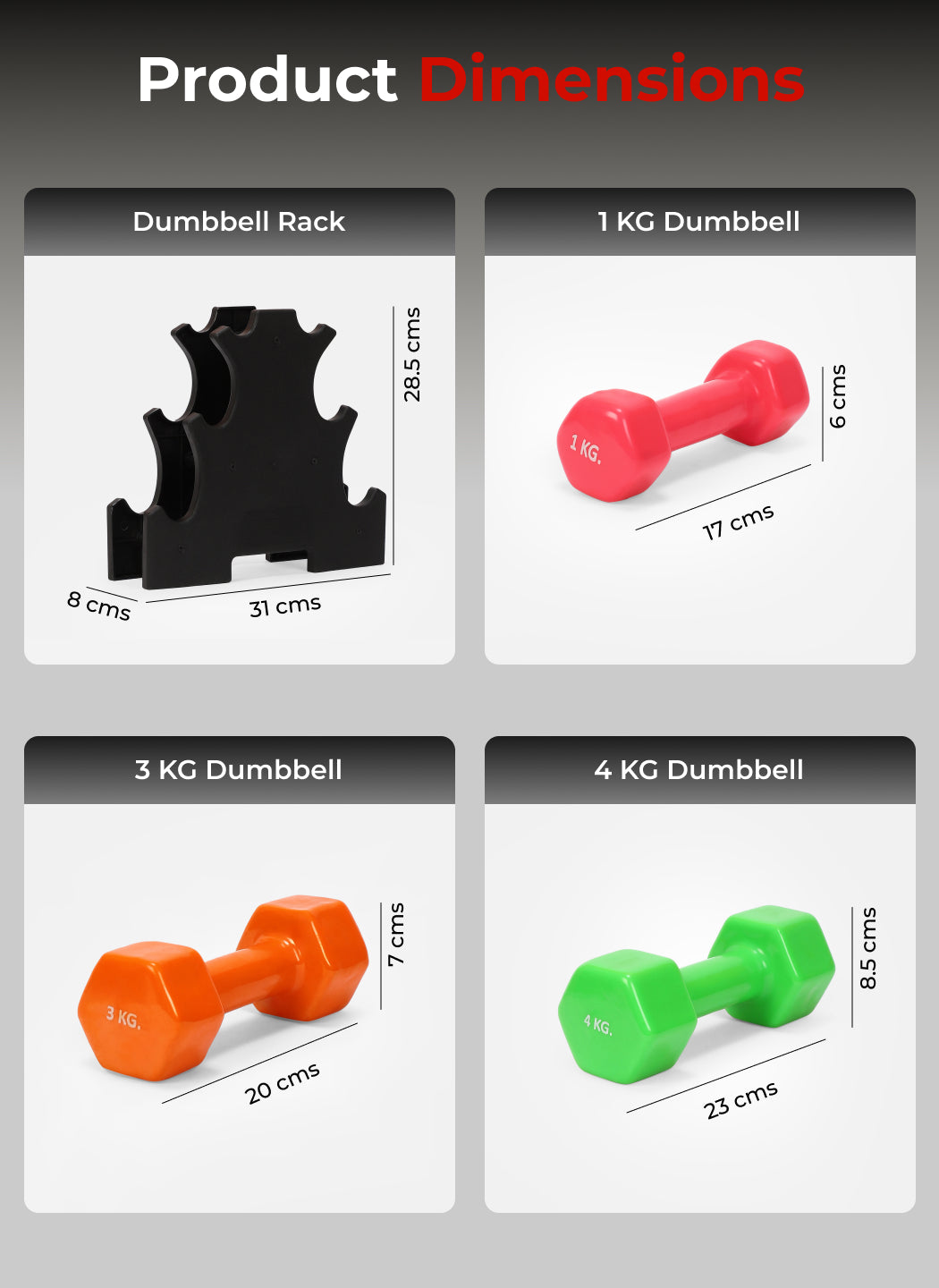 Cult Vinyl Dumbbells Combo for Home Gym Exercise (1kg + 3kg + 4kg Set) 16kg | Dumbbells with Rack