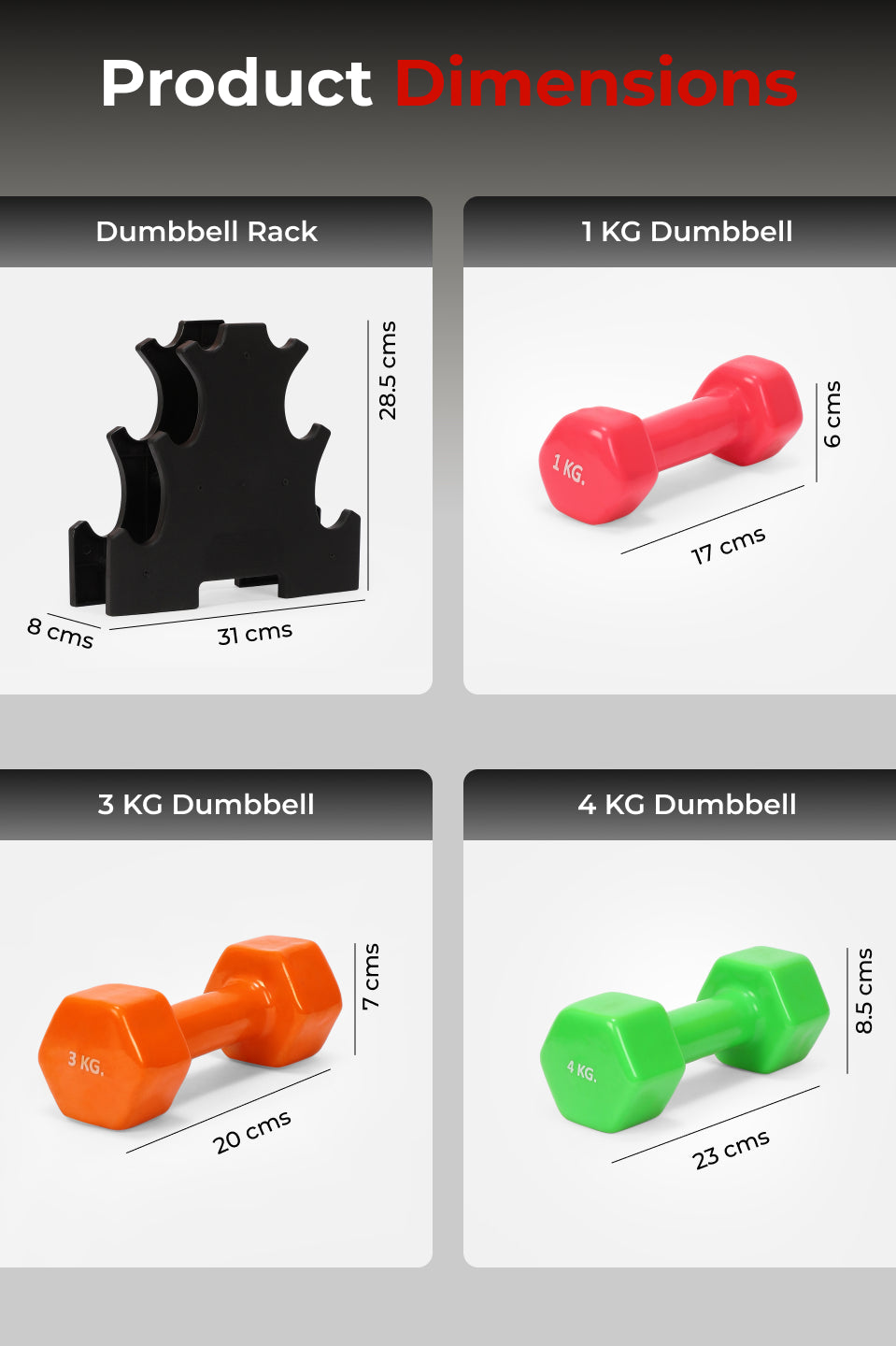 Cult Vinyl Dumbbells Combo for Home Gym Exercise (1kg + 3kg + 4kg Set) 16kg | Dumbbells with Rack
