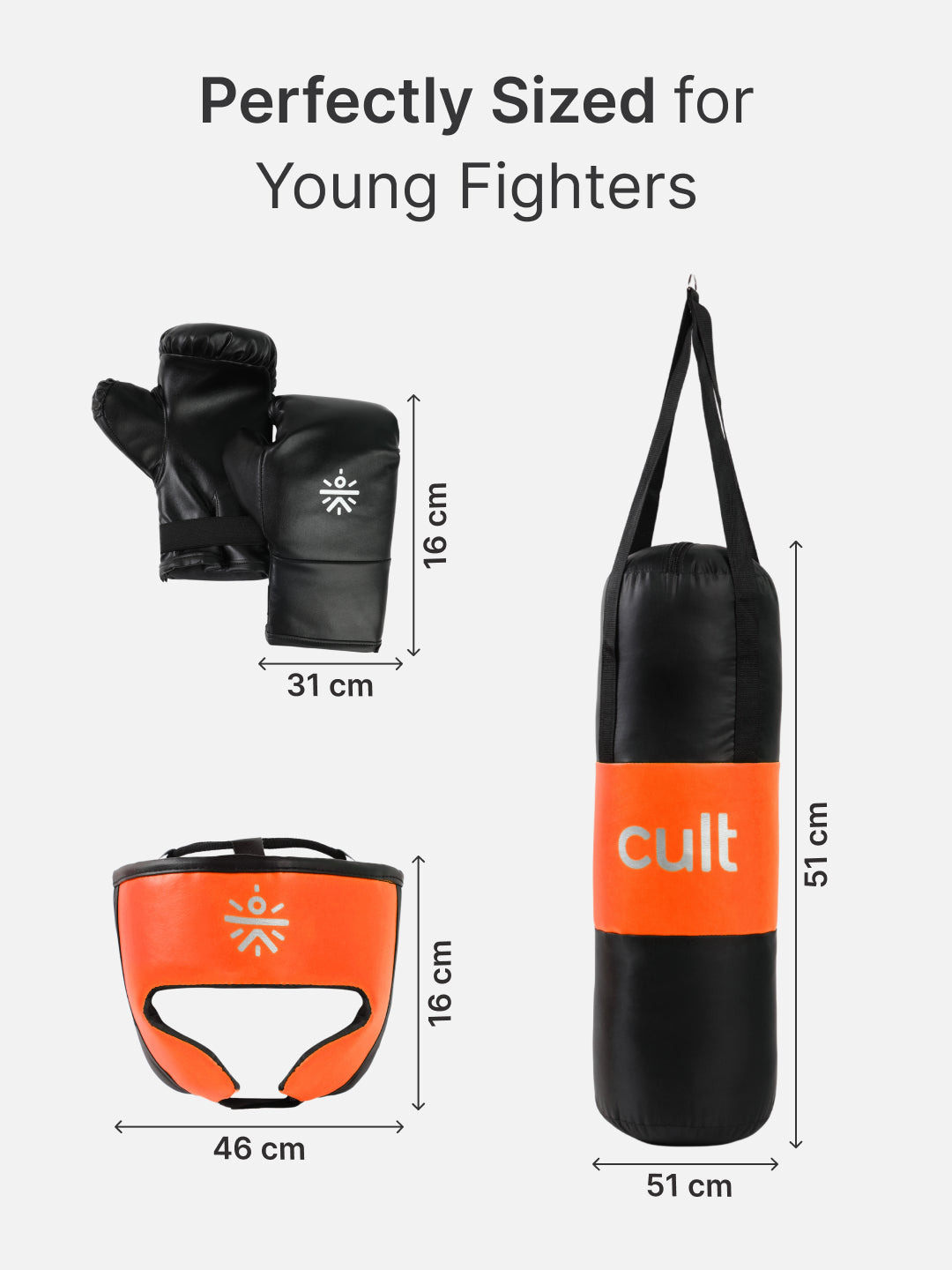 cult Kids Boxing Kit - Punching bag, Boxing Gloves and Head gear Orange