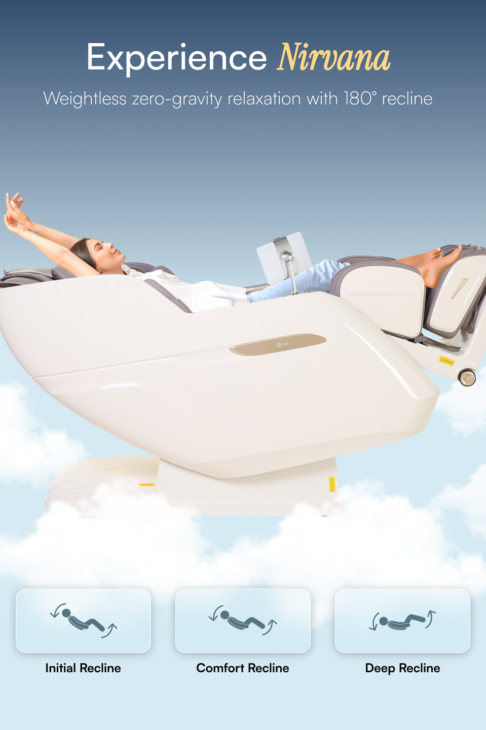 Cult Nirvana Advanced 4D Massage Chair with Leg Massager | Extended SL Track | 22 Auto Programs | Waist Heating | Zero-Gravity | AI Voice Control (Beige & White) - (6 Months extended Warranty)