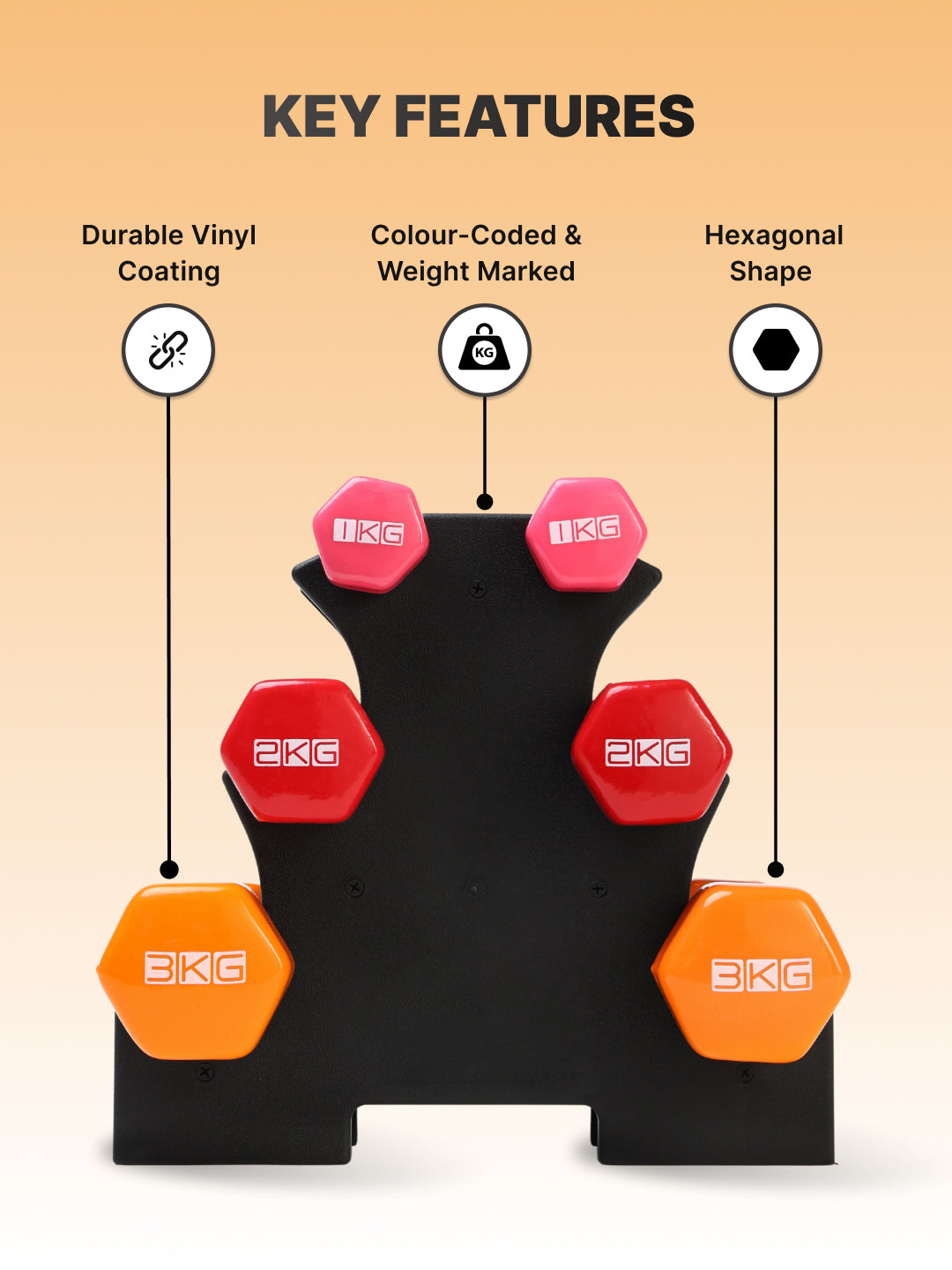 Cult Vinyl Dumbbells Combo for Gym Exercise (1kg + 2kg + 3kg Set) 12kg | Dumbbell With Stand