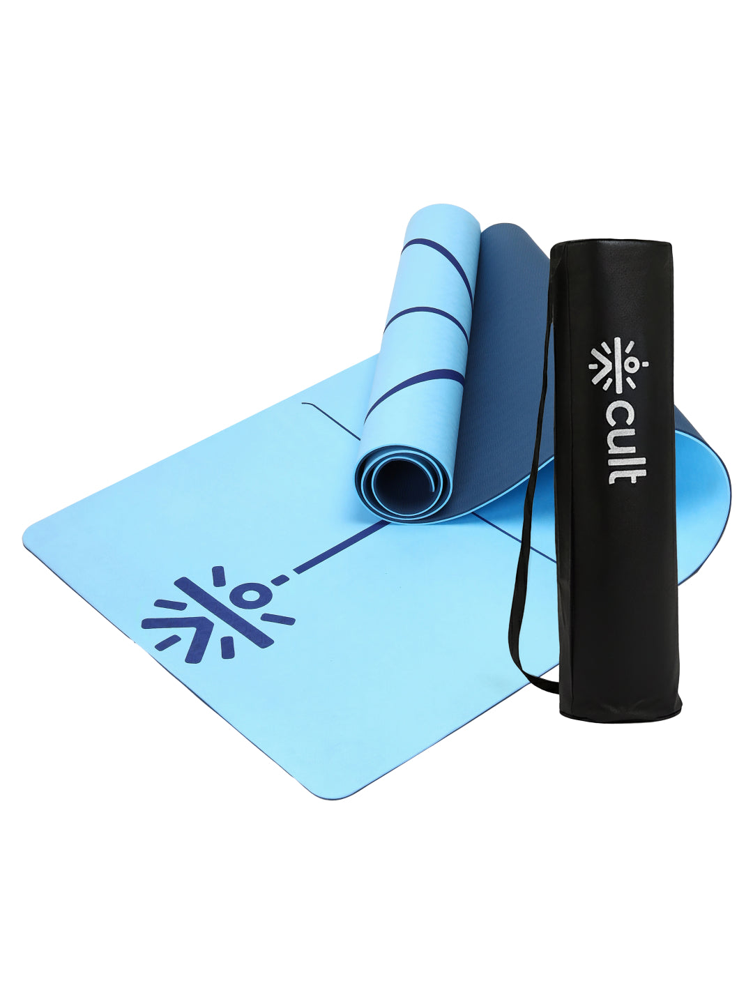 Cult TPE Yoga Mat 6mm Non-Toxic, Latex-Free, Eco-Friendly, Tear-Resistant, Non-Slip Exercise Mat with Extra Cushioning , Carry Strap and Bag Ideal for Yoga, Pilates, Meditation & Fitness - Blue with Alignment Marking