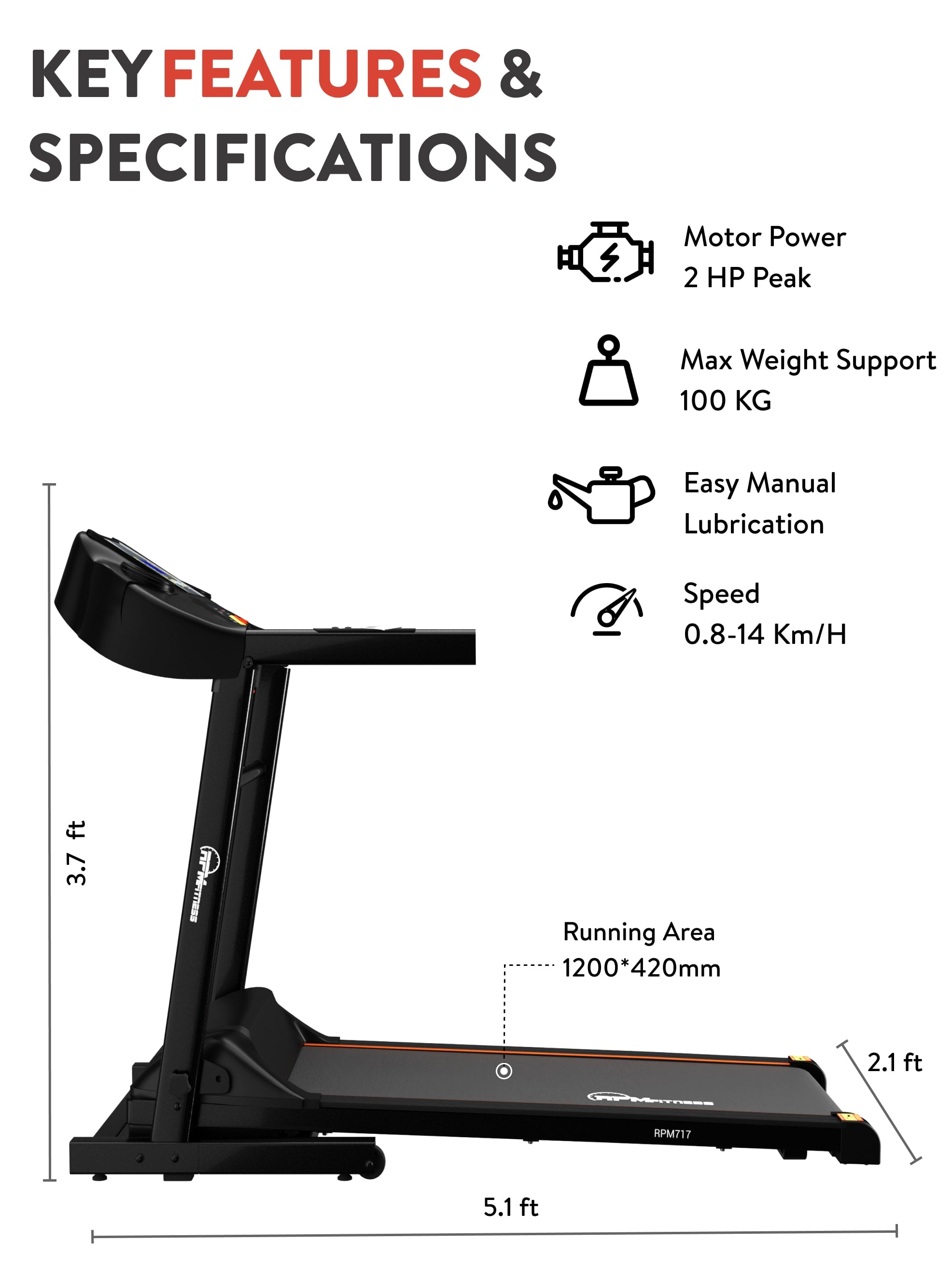RPM717 2HP Powerful Brushless Motor Treadmill with Max Weight-100kg | Max speed-14kmph (with 6 Months extended warranty)