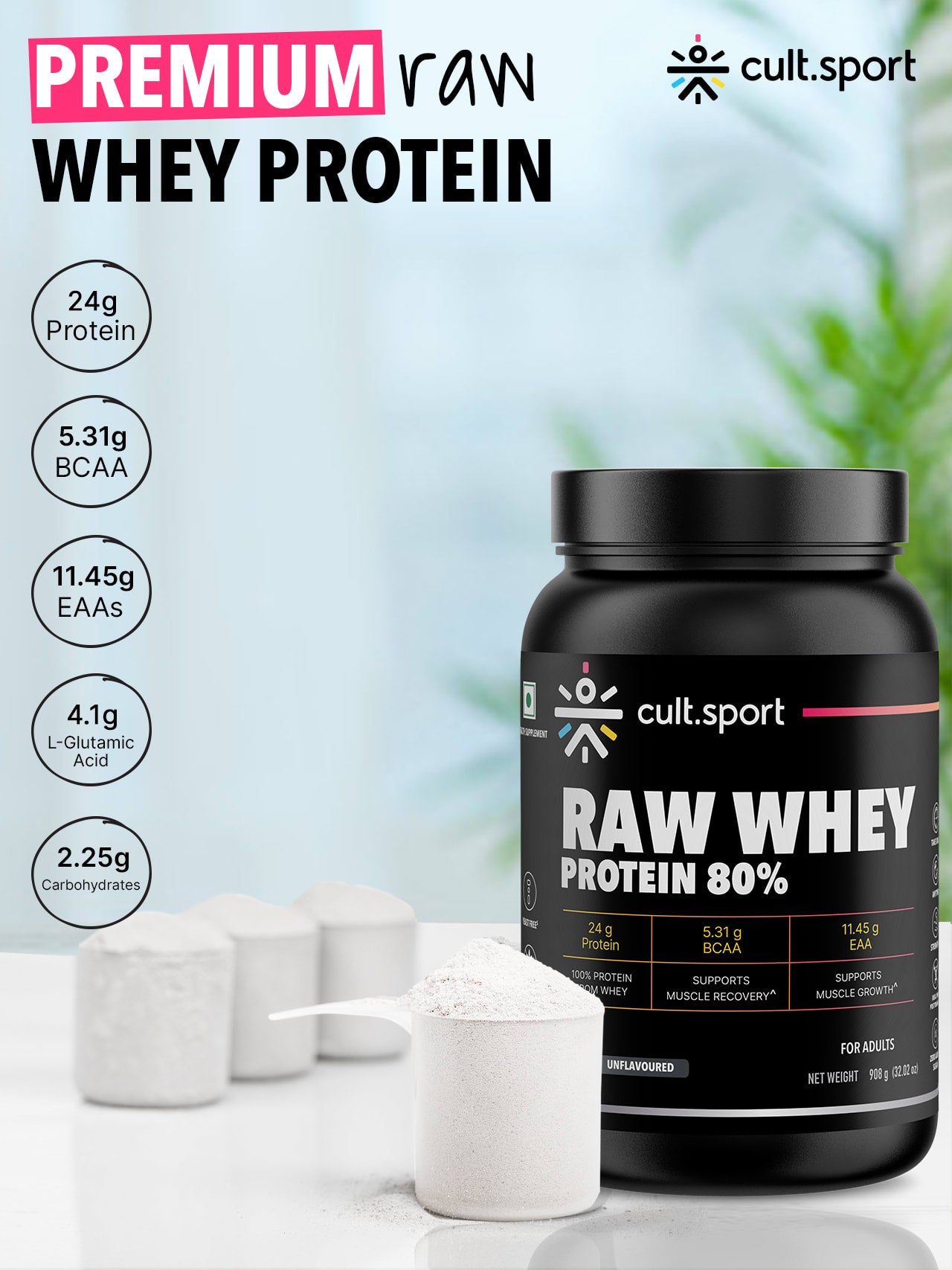 Raw Whey Protein 80% - 908g | Protein Powder for Men & Women | Reforms Strength, Muscle Growth & Recovery | 24g Protein Per Serving | Unflavoured Concentrate