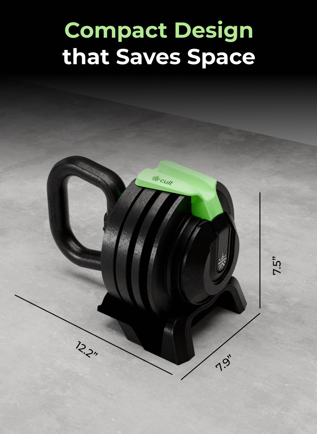 Cult 12Kg Adjustable Kettlebell | 12 Weight Options (2kg-12kg) | One-Hand 1-Second Dial | Compact & Durable Home Gym Kettlebell - Black